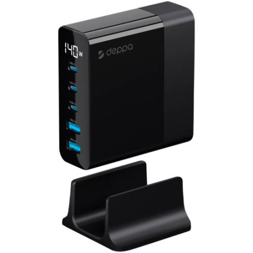 купить Зарядная станция 3xUSB Type-C, 2xUSB, PD, QC, 140Вт, черный, Deppa в Барнауле фото 2 Зарядная станция 3xUSB Type-C, 2xUSB, PD, QC, 140Вт, черный, Deppa купить в Барнауле фото 2