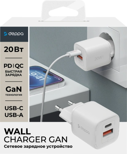 СЗУ Deppa 2USB (A+C) PD, QC, GaN, 20W белый купить в Барнауле фото 2